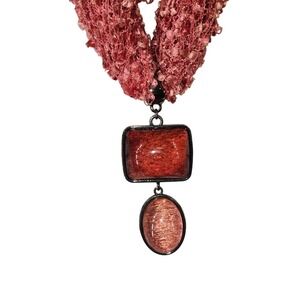 PINK Statement Necklace Fringe Ribbon‎ 3-inch BUBBLE Pendant BARBIE COTTAGE BOHO